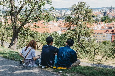 Prague, Czech Republic - August 26, 2018: People enjoying the view of Prague from Petrin Hill, formerly one of King Charles' vineyards and a popular place for both tourists and locals.のeditorial素材
