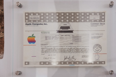 Prague, Czech Republic - August 28, 2018: Apple computer stock framed on exhibit inside Apple Museum...