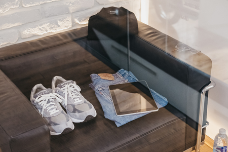 Prague, Czech Republic - August 28, 2018: Steve Jobs' clothes on exhibit inside Apple Museum in Prague, the largest private collection of Apple products around the world.のeditorial素材