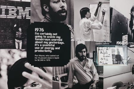 Prague, Czech Republic - August 28, 2018: Ron Wayne's quote on a wall amongst photographs inside Apple Museum in Prague, the largest private collection of Apple products around the world.のeditorial素材