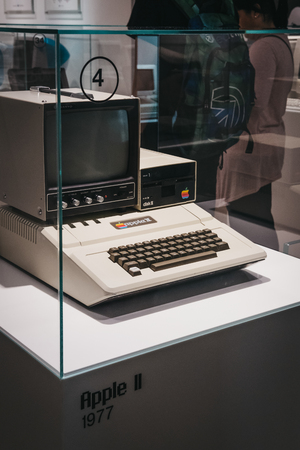 Prague, Czech Republic - August 28, 2018: Macintosh Apple II computer on display inside Apple Museum...
