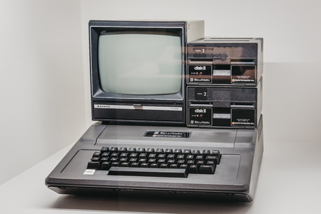 Prague, Czech Republic - August 28, 2018: Apple Computers Bell & Howell computer on display inside Apple Museum in Prague, the largest private collection of Apple products around the world.のeditorial素材