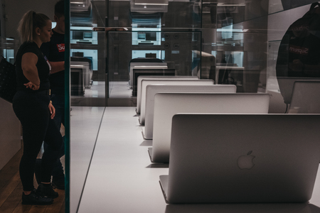 Prague, Czech Republic - August 28, 2018: Range of MacBooks on display inside Apple Museum in Prague, the largest private collection of Apple products around the world.のeditorial素材
