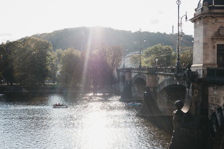 Prague, Czech Republic - August 23, 2018: Paddle boats on Vltava river in Prague, on a sunny summer day. Vltava is the longest river within the Czech Republic.のeditorial素材