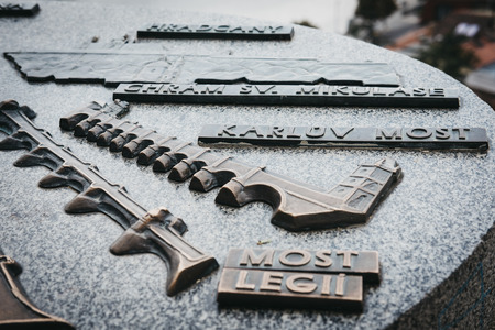 Prague, Czech Republic - August 26, 2018: Metal map in Vysehrad, Prague, that identifies some of the buildings you see in the distance.  Prague is a popular city break tourist destination in Europe.のeditorial素材