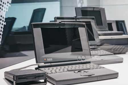 Prague, Czech Republic - August 28, 2018: Family of PowerBook portable computers on display inside Apple Museum in Prague, the largest private collection of Apple products around the world.のeditorial素材