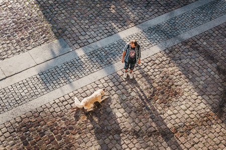 Prague, Czech Republic - August 23, 2018: Wet dog playing with a stick fetched from Vltava river in Prague, owner waiting near. Vltava is the longest river within the Czech Republic.のeditorial素材