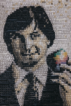 Portrait of Steve Jobs in Apple Museum, Prague, Czech Republic, made out of keyboard keys.のeditorial素材