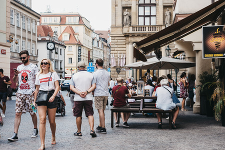 Prague, Czech republic - August 23, 2018: People walking in the Old Town in Prague, one of the oldest and the most beautiful district in Prague, Czech Republic.のeditorial素材