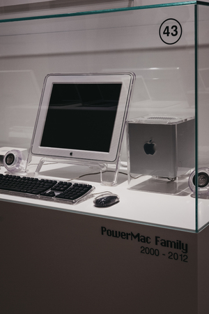 Prague, Czech Republic - August 28, 2018: Family of Powermacs on display inside Apple Museum in Prague, the largest private collection of Apple products around the world.のeditorial素材