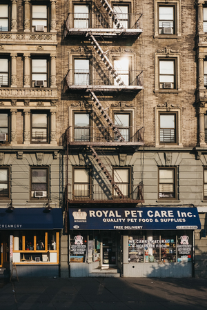 New York, USA - June 01, 2018: Facade of a block of flat with pet store in Harlem, NYC. Since the 1920s, Harlem has been known as a major African American residential, cultural and business center.のeditorial素材