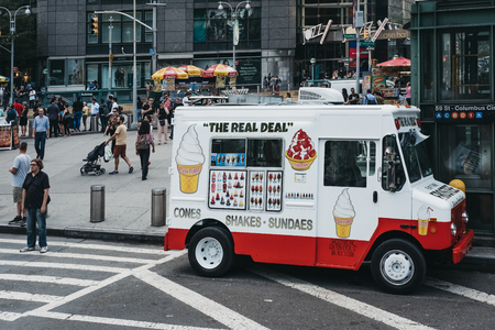 New York, USA - June 01, 2018: Ice cream van on a street in New York, USA. City rules prohibit vehicles from idling for more than three minutes.のeditorial素材