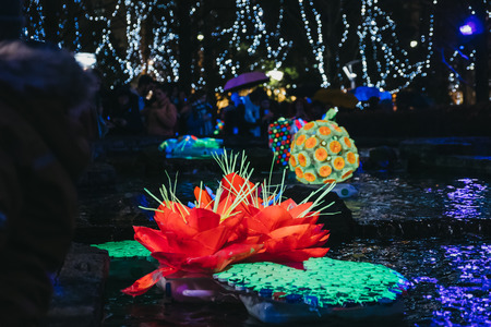 London, UK - January 26, 2019: Installations at Winter Lights, yearly lights and installations festival in Canary Wharf. Canary Wharf is a busy financial area of London that often host events.のeditorial素材
