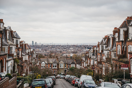 London, UK - April 02, 2018: London skyline seen from Muswell Hill, a suburban area of North London famous for many streets with Edwardian architecture.のeditorial素材