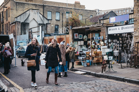 London, UK - February 3, 2019: People walking on Erza Street near Columbia Road Flower Market, a street market in East London that is open every Sunday.のeditorial素材