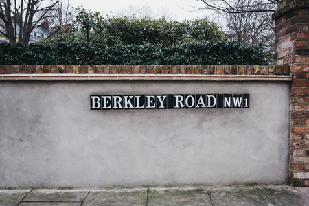London, UK - February 16, 2019: Street name sign on Berkley Road, Primrose Hill, an upscale area of North London that got its name from the famous Primrose Hill.のeditorial素材
