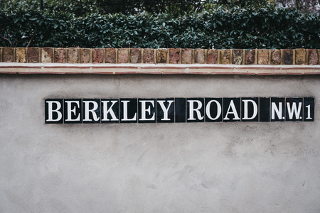 London, UK - February 16, 2019: Street name sign on Berkley Road, Primrose Hill, an upscale area of North London that got its name from the famous Primrose Hill.のeditorial素材