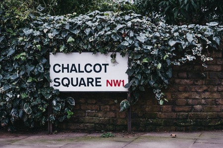 London, UK - February 16, 2019: Street name sign on Chalcot Square, Primrose Hill, an upscale area of North London that got its name from the famous Primrose Hill.のeditorial素材