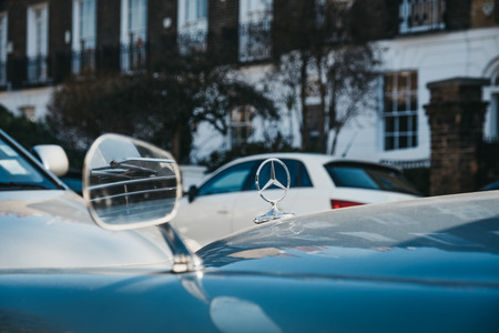 London,UK - February 23, 2019: Close up of a bonnet star badge on old blue Mercedes-Benz 600 parked on a side of a road in London on a sunny day. The Mercedes-Benz 600 was produced from 1963 to 1981.のeditorial素材