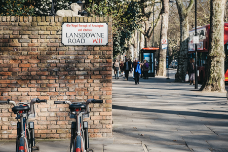 London, UK - February 23, 2019: Santander cycles on Lansdowne Road, Holland Park, London. Santander cycles are part of transport for London and are a popular option for commute in the city.のeditorial素材