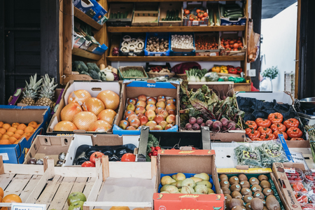 London, UK - March 2, 2019: Fresh fruits and vegetables on sale at a Hampstead Community Centre market in Hampstead, an affluent residential area of London favoured by artists and media figures.のeditorial素材