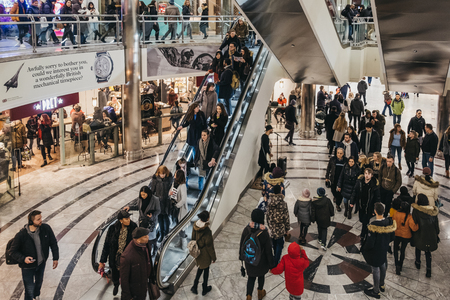 London, UK - January 26, 2019: People inside One Canada Square Mall in Canary Wharf, a busy financial area of London that often host events.のeditorial素材