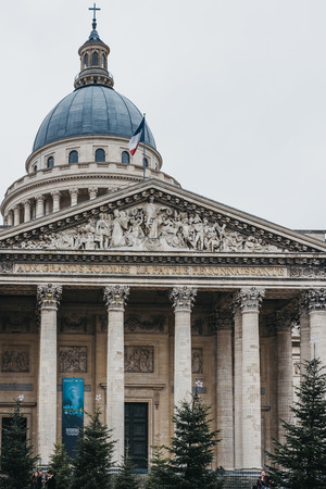 Paris, France - January 27, 2018: Facade of the Pantheon, a building in the Latin Quarter in Paris, France, that now acts as a mausoleum containing the remains of distinguished French citizens.のeditorial素材