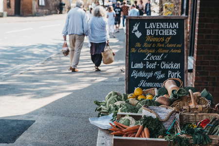 Lavenham, UK - April 19, 2019: Fresh local produce on sale in Lavenham Butchers in Lavenham, a...