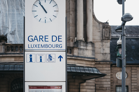 Luxembourg City, Luxembourg - May 18, 2019: Close up of a sign in front of Gare de Luxembourg, the main railway station serving the city.のeditorial素材