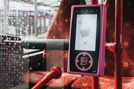 Luxembourg City, Luxembourg - May 18, 2019: Modern digital ticket and card reader on a bus in...