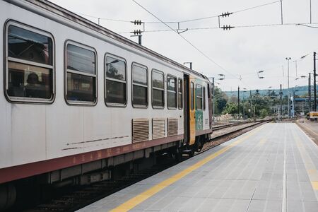 Ettelbruck, Luxembourg - May 18, 2019: Old train on a platform at station in Ettelbruck, Luxembourg,...
