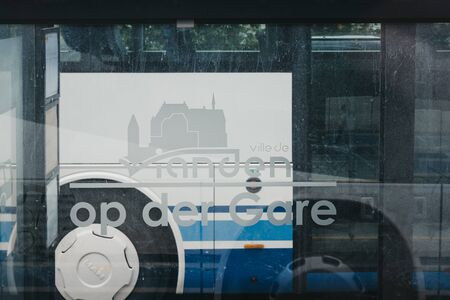 Vianden, Luxembourg - May 18, 2019: Bus stop by the castle in Vianden, town in Luxembourgs Ardennes region known for the centuries-old hilltop Vianden Castle.のeditorial素材