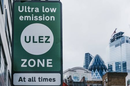 London, UK - June 15, 2019: Signs indicating Ultra Low Emission Zone (ULEZ) on a street in London. ULEZ was introduced in 2019 to help improve air quality in the capital.のeditorial素材
