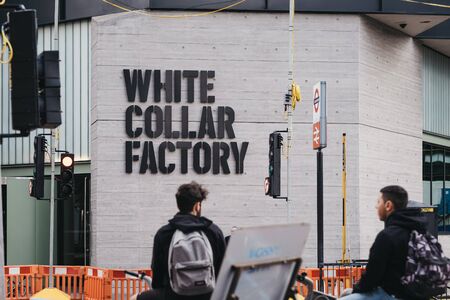 London, UK - June 15, 2019: White Collar Factory name on the building, selective focus. White Collar...