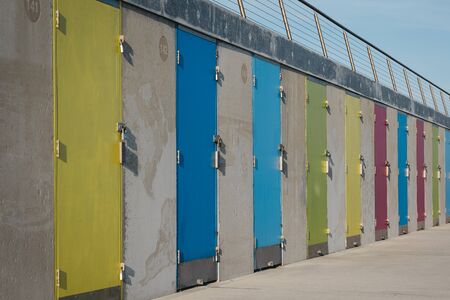 Milford on Sea, UK - July 13, 2019: New beach huts in Milford on Sea, New Forest, UK. Opened on 16...