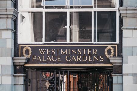London, UK - July 29, 2019: Name sign outside Westminster Palace Gardens, a Victorian red brick...