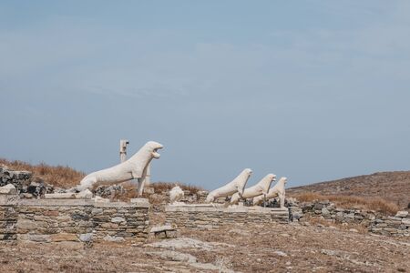 Naxian Lions statues on The Terrace of the Lions on the Greek island of Delos, archaeological site near Mykonos in the Aegean Sea Cyclades archipelago. Selective focus.の写真素材