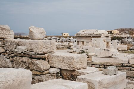 Ruins on the island of Delos, Greece, an archaeological site near Mykonos in the Aegean Sea Cyclades archipelago.の写真素材
