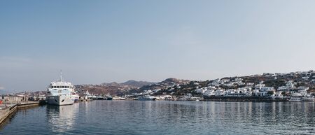 Mykonos Town, Greece- September 20, 2019: Panoramic view of the new port in Mykonos Town. Transfers...