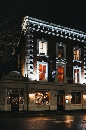 London, UK - November 26, 2019: Facade of The Engineer pub in Primrose Hill, an upscale area of North London that got its name from the famous Primrose Hill.のeditorial素材