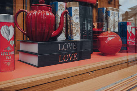 London, UK - March 06, 2020: Retail display of Mariage Freres tea in Covent Garden, London, UK. Covent Garden is a famous tourist area in London with lots of shops and restaurants.のeditorial素材