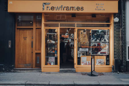 London, UK - March 06, 2020: Facade of NewFrames, one of Londons longest established framers, in Soho, a trendy area of Central London famous for its bars and eateries.のeditorial素材