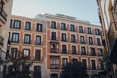 Madrid, Spain - January 26, 2020: Facade of a traditional apartment block building in Old Town in Madrid, capital of Spain renowned for its rich repositories of European art.のeditorial素材