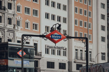 Madrid, Spain - January 26, 2020: Metro sign at the entrance of Plaza de Espana station in Madrid, capital of Spain renowned for its rich repositories of European art, selective focus.のeditorial素材