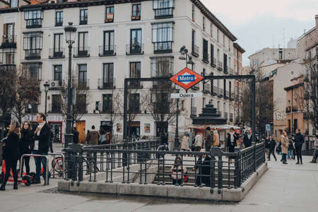 Madrid, Spain - January 26, 2020: Entrance to Opera Metro station in Madrid, capital of Spain renowned for its rich repositories of European art.のeditorial素材