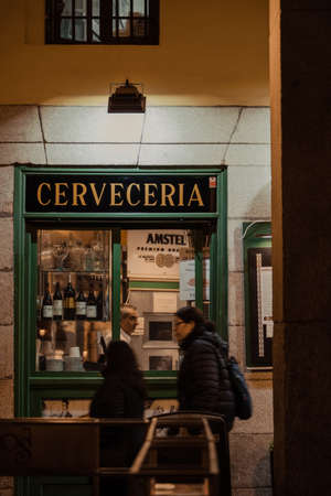 Madrid, Spain - January 26, 2020: Facade of Cerveceria in Madrid, capital of Spain renowned for its...