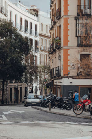 Madrid, Spain - January 26, 2020: View of a traditional street in Madrid, capital of Spain renowned for its rich repositories of European art, on a sunny winter dayのeditorial素材