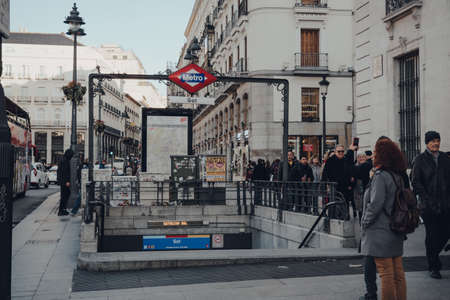 Madrid, Spain - January 26, 2020: Entrance to Sol Metro station in Madrid, capital of Spain renowned for its rich repositories of European art, selective focus.のeditorial素材