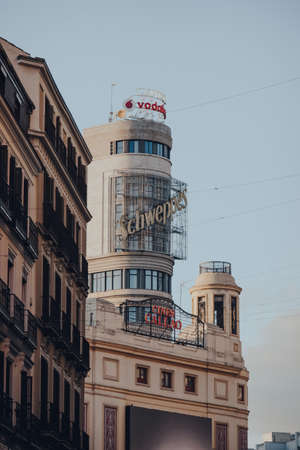 Madrid, Spain - January 26, 2020: View of Edificio Capitol on Gran Via, one of the most well-known buildings in Madrid declared a Monument of Cultural Interest (BIC) in 2018, selective focus.のeditorial素材