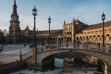 Seville, Spain - January 17, 2020: View of Plaza de EspaÃ±a, a plaza in the Parque de MarÃ­a Luisa, in Seville, Spain, built in 1928 for the Ibero-American Exposition of 1929.のeditorial素材